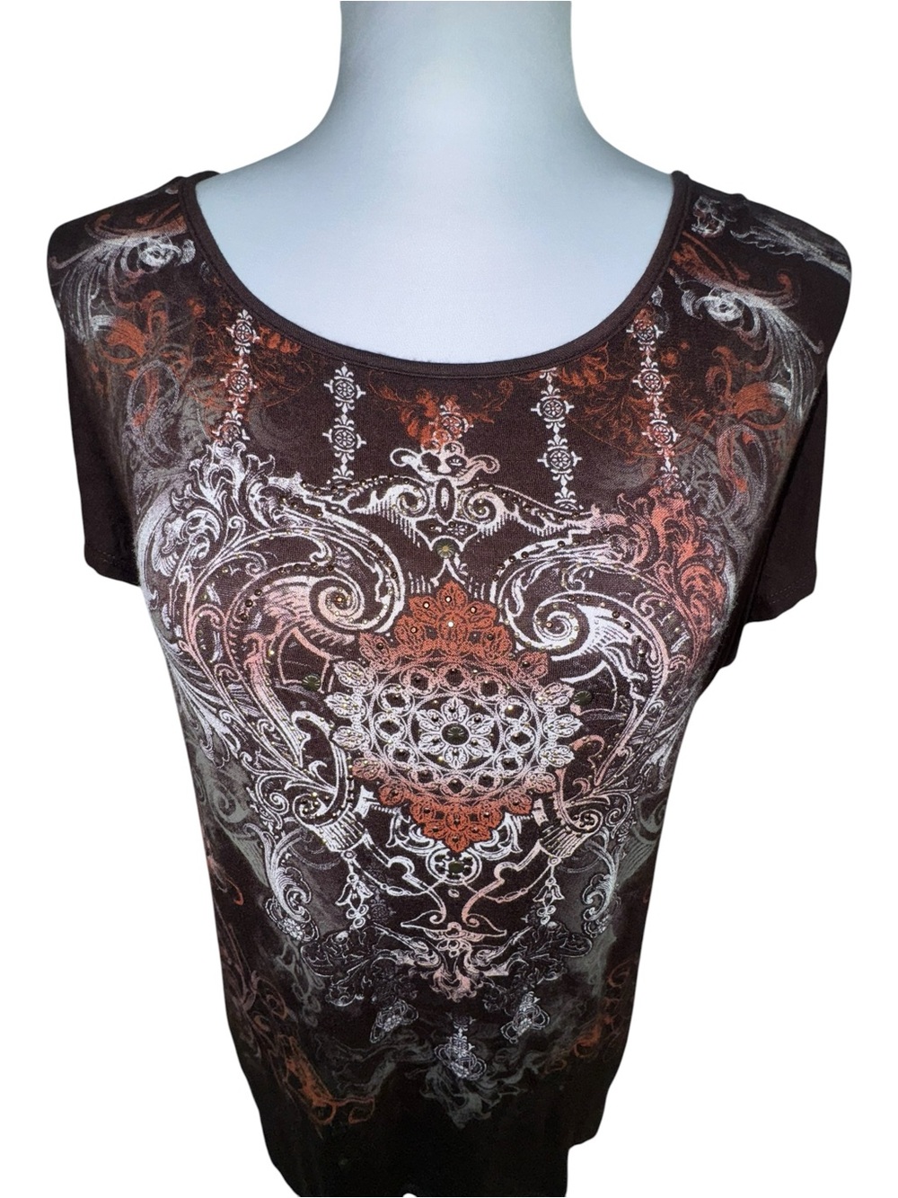 New Directions Brown Graphic Embellished Open Back Top Small Grunge Y2K - Picture 6 of 12